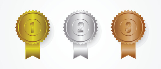 Fototapeta premium Gold, Silver, Bronze Medal Set. Champion Trophy Awards with Numbers. Place Sports Competitions.