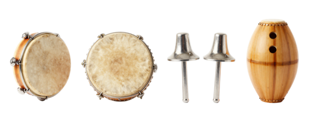 Photograph of four traditional percussion instruments: two round wooden drums with beige skins, two silver metal bellows, and one wooden drum with black buttons.