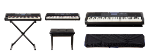 Photograph of four electronic keyboards and a stool. Three keyboards stand on black stands, one keyboard with a black cover, and a black leather stool with a simple design.