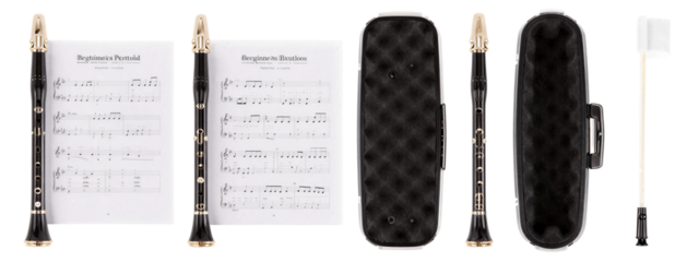 Photograph of a black flute with gold accents, two music sheets, and black velvet cases, arranged neatly in a row.