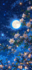 Moonlit cherry blossom night background with full moon and dreamy floral sky illustration
