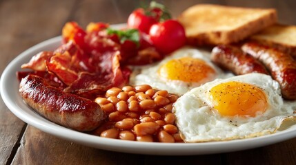 A hearty breakfast plate features sunny-side-up eggs, crispy bacon, savory sausages, baked beans, toasted bread, and fresh tomatoes