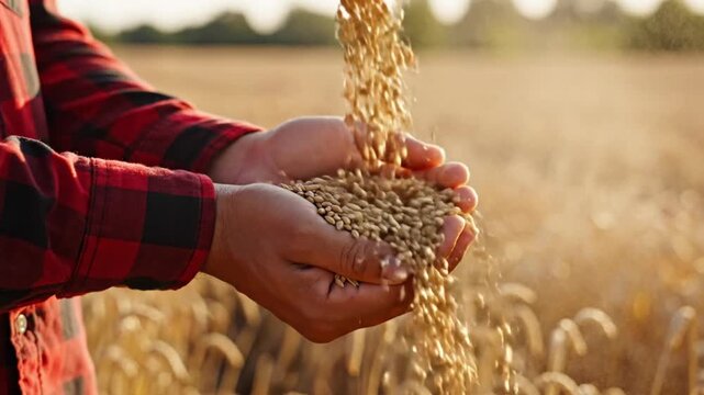 A person in a red plaid shirt holds wheat grains in their hands in a field during a video recording. agriculture farming video