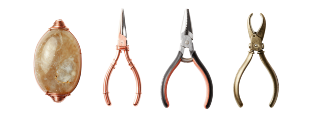 Photograph of four objects in a row: a rounded, textured stone with a copper wire coil, copper pliers, black and red pliers, and antique brass pliers, all.