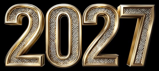 Elegant Metallic Gold Numeric Design Showcasing the Year 2027 Isolated on a Black Background