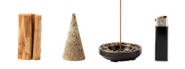 Photograph of four objects: wooden incense sticks, cone-shaped incense holder, black ceramic incense bowl with burning stick, black electronic lighter.