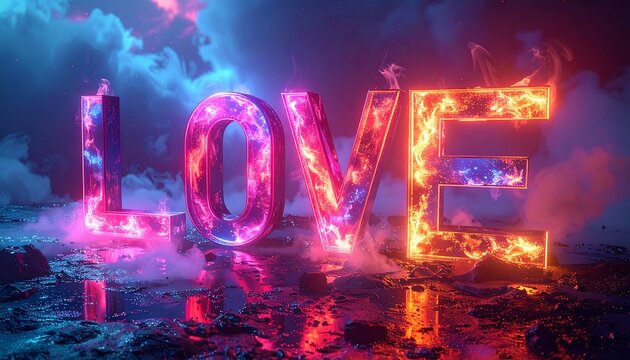 Neon fire letters "LOVE" in a vibrant, surreal scene