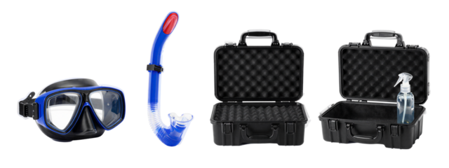 Photograph of a black scuba mask with blue accents, a blue snorkel with red tip, two open black cases, and a clear water bottle in the right case.