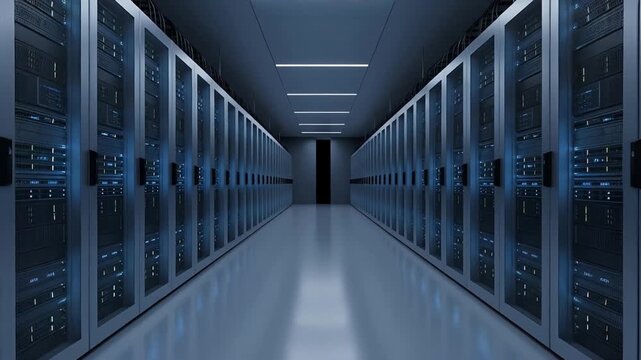 Rows of server racks in a long, futuristic data center corridor with fluorescent lighting