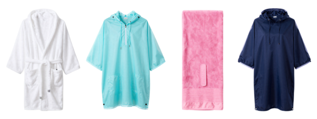 Four bathrobes: white with tied belt, light blue with collar and tie, pink fluffy, dark blue with hood. All plain, laid flat.