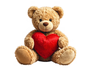 A cute beige teddy bear holding a bright red heart, isolated on a white background. The plush toy looks soft and cuddly, symbolizing love, affection, and warmth. Perfect for Valentine’s Day