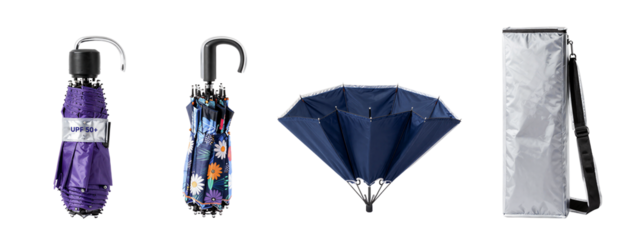 Four different umbrellas lined up: purple with black handle and silver band, colorful patterned, dark blue triangular, and silver compact.