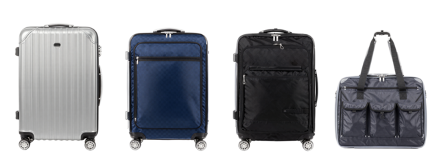 Photograph of four travel bags in a row: silver hard-shell suitcase, blue soft-shell suitcase, black soft-shell suitcase, and dark gray duffel bag with straps, all with wheels and zippers.