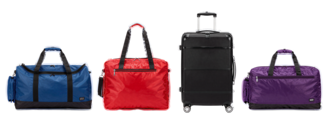 Photograph of four travel bags: blue with black straps on left, red with black straps in center, black rolling suitcase in center, purple with black straps on right.