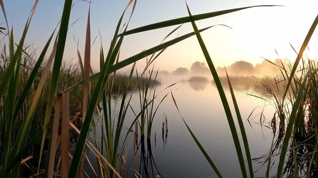 Tall reeds sway gently in a shallow marsh pool, reflecting the soft morning light and atmospheric fog