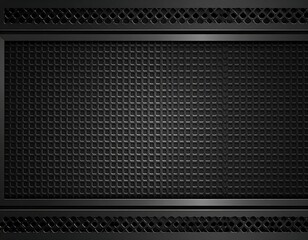 A dark gray, textured metal background with a rectangular mesh pattern bordered by a frame with small circular perforations