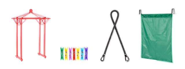 Photograph of three items: red metal frame structure, black braided rope with loops, green fabric curtain with black edges.