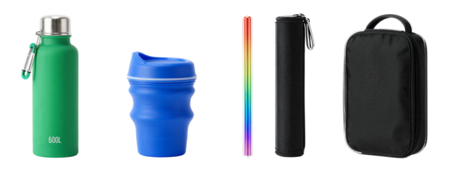 Photograph of four items: green refillable water bottle with silver cap, blue collapsible water cup, rainbow-colored pencil, and black zippered pouch. Items aligned horizontally against.