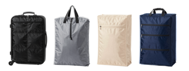 Four travel bags, black, gray, beige, and blue, with handles, zippers, and rectangular shapes, arranged horizontally.