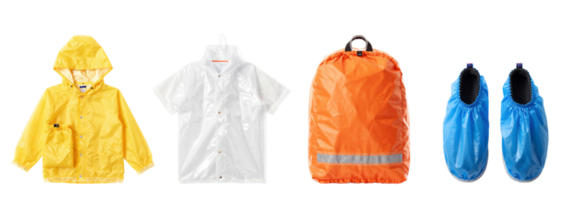 Photograph of four rain jackets and one pair of rain boots, from left to right: yellow rain jacket with hood, white plastic rain jacket, orange rain jacket with reflective strip, blue rain boots.