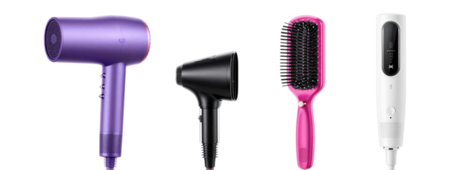 Photograph of four hair tools: purple blow dryer, black round brush, pink round brush, and white digital hairdryer.