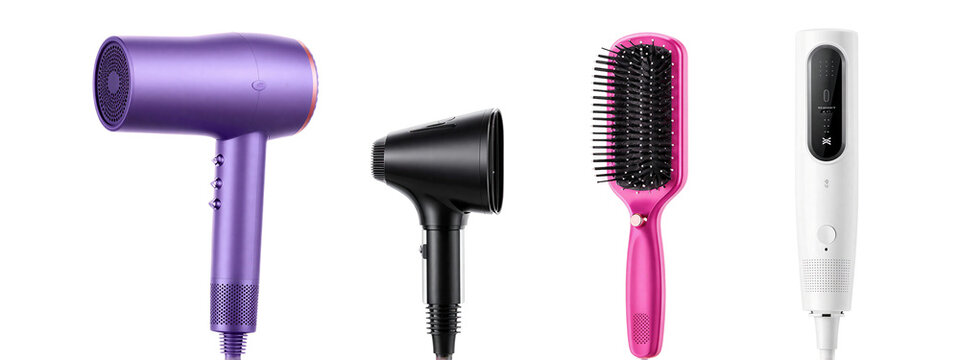 Photograph of four hair tools: purple blow dryer, black round brush, pink round brush, and white digital hairdryer.