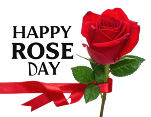 'happy rose day' text and Red rose with ribbon isolated PNG