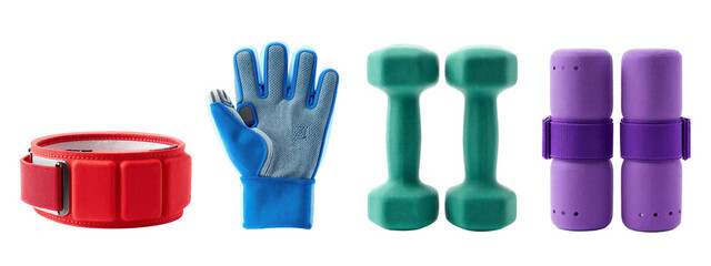 Photograph of fitness equipment: red wristband, blue textured glove, green dumbbells, purple rolled-up foam roller.