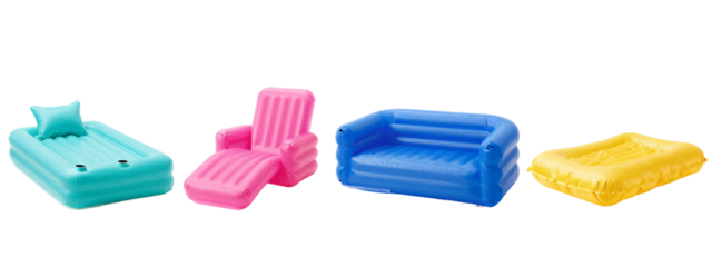 Photograph of four inflatable pool toys: turquoise lounge chair with pillow, pink armchair, blue inflatable couch, yellow lounge chair.