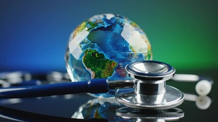 Global healthcare concept featuring a glass earth globe and stethoscope symbolizing worldwide medical attention
