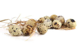 Quail eggs on straw isolated on white background. Natural patterned farm quail eggs in hay.
