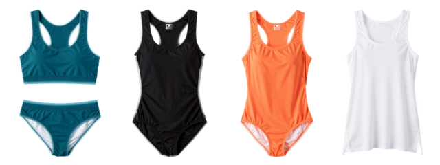 Four swimwear sets, each with a top and bottom, in teal, black, orange, and white, laid out in a row.