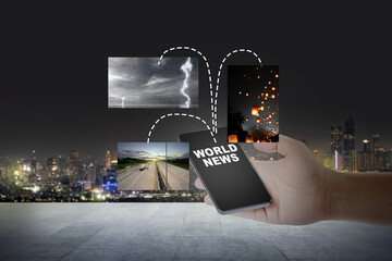 Smartphone displaying "World News" with associated imagery (storm, highway, lanterns), indicating news with a cityscape background. Journalism, podcasting, and international communication