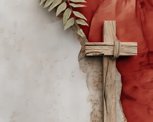 Rustic wood cross with twine Easter, spirituality, celebration against concrete and earth banner.