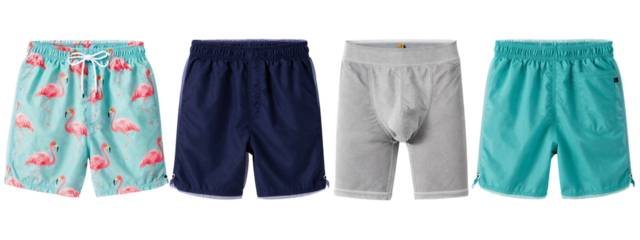 Four pairs of boys' swim trunks, from left to right: pink flamingo print, navy blue, gray, turquoise.
