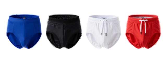 Four pairs of swim trunks, one blue, one black, one white, and one red, displayed horizontally.