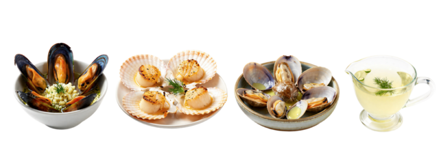 Photograph of four plates with seafood: black mussels with green sauce, scallops in orange shells with garnish, purple mussels with lemon, and a glass of white wine with parsley.