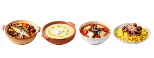 Four bowls of different soups, from left to right: orange vegetable soup with herbs, creamy white soup with a swirl, red tomato soup with vegetables, and yellow noodle soup with pinkish dumplings.