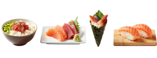 Photograph of four sushi dishes: bowl with rice, peas, and tomato, white plate with salmon slices and avocado, cone-shaped sushi with salmon and seaweed, and wooden board with salmon slices.