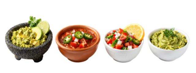 Four bowls of different dips: textured black bowl with guacamole, lime, and herbs, brown bowl with salsa and jalapeños, white bowl with salsa and tomatoes, white bowl with guacamole and dill.