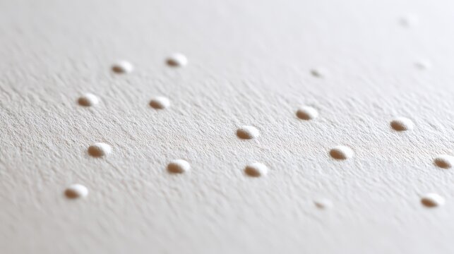 Macro photo of white Braille paper with tactile dots in soft side light showing detailed texture and calm minimal mood, World Braille Day