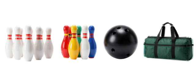 Photograph of six white bowling pins with red stripes, four colorful pins (red, yellow, green, blue), black bowling ball, and green bowling bag with black straps, all lined up against.