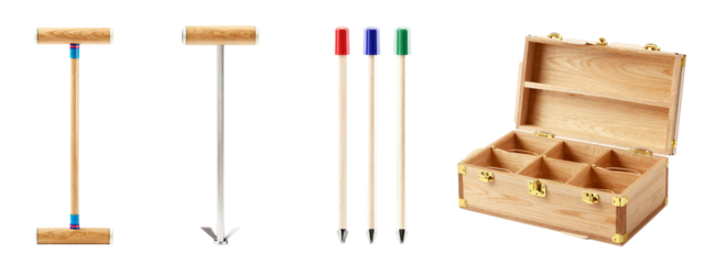 Photograph of wooden pool cues, one with blue tip, one with silver shaft, two with red and green tips, and open wooden cue case with four compartments.