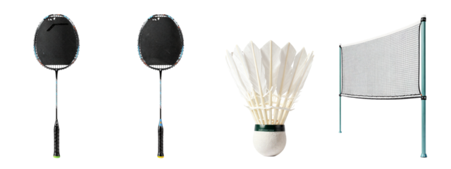 Photograph of two black badminton rackets, one white badminton birdie, and a black net.