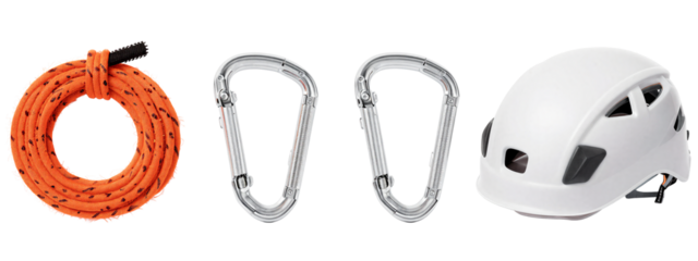 Photograph of an orange climbing rope, two silver carabiners, and a white mountain climbing helmet, arranged in a row.