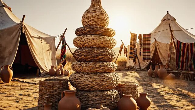 Towering stack of natural woven reed baskets displayed outdoors with tents and pottery