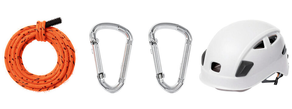 Photograph of an orange climbing rope, two silver carabiners, and a white mountain climbing helmet, arranged in a row.