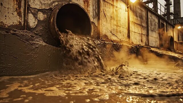 Thick muddy industrial drainage culvert spewing polluted effluent into murky water
