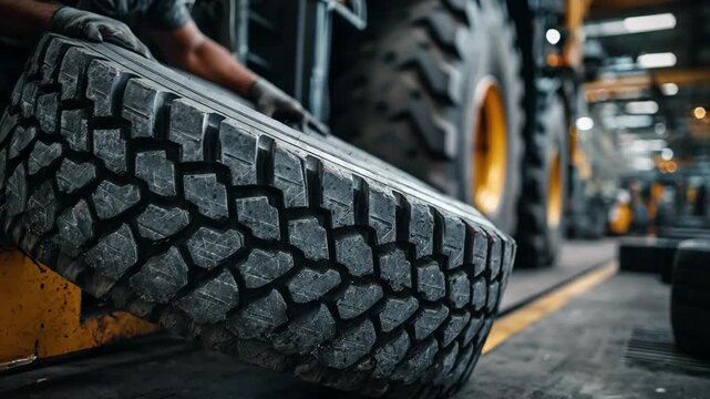 Medium shot capturing a specialist fitting large retread tires on a heavyduty vehicle emphasizing strength and resilience for industrial applications.