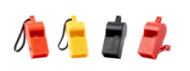 Four plastic parking meters, each in a different color: red, yellow, black, and red again. Each has a black cord and a small lever on top. All are positioned against a plain.